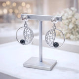 Boucles d'Oreilles Onyx Noir Femme, Cercle Ajouré Argent 925 (Alioth)