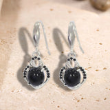 Boucles d'Oreilles Onyx Noir Ovale, Halo de Zircons, Argent 925 (Menkent)