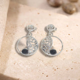 Boucles d'Oreilles Onyx Noir Femme, Cercle Ajouré Argent 925 (Alioth)