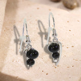 Boucles d'Oreilles Pierre Noire, Onyx Noir sur Feuille d'Argent 925 (Alhena)