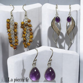 Boucles d’oreilles en pierres naturelles variées – design unique La Pierre FR, bijoux de lithothérapie pour énergie et équilibre.