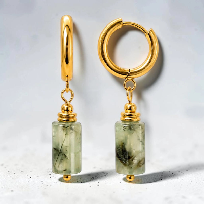 Boucles d'Oreilles Préhnite LUMIA® – tube en pierre, créole dorée