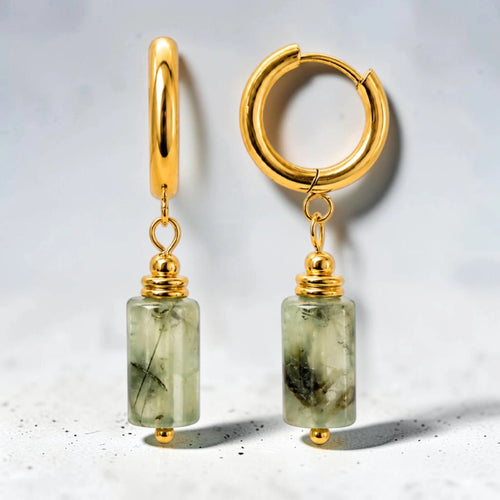 Boucles d'Oreilles Préhnite LUMIA® – tube en pierre, créole dorée