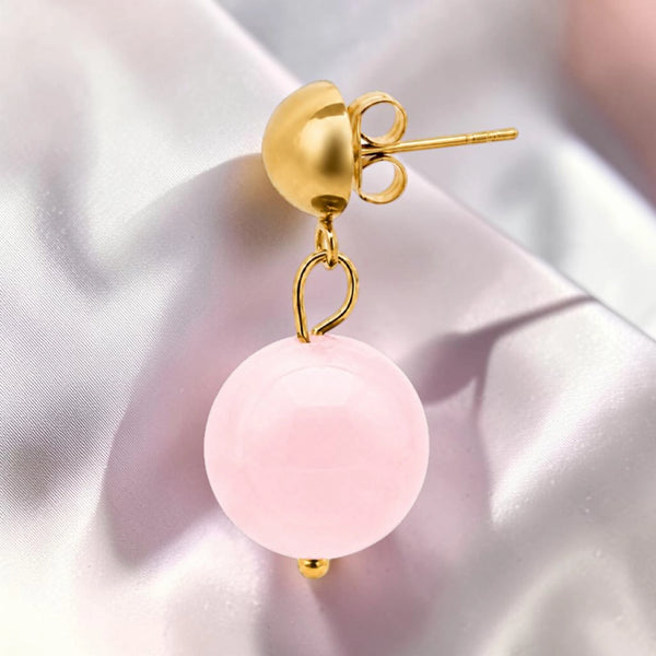 Boucle d'oreille femme en acier inoxydable doré avec pierre quartz rose naturel