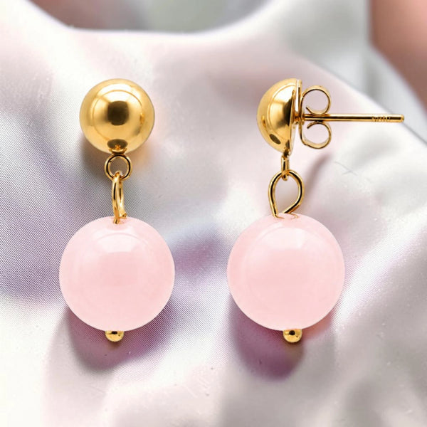 Boucles d'oreilles quartz rose boule 12 mm en pierre naturelle sur puce dorée