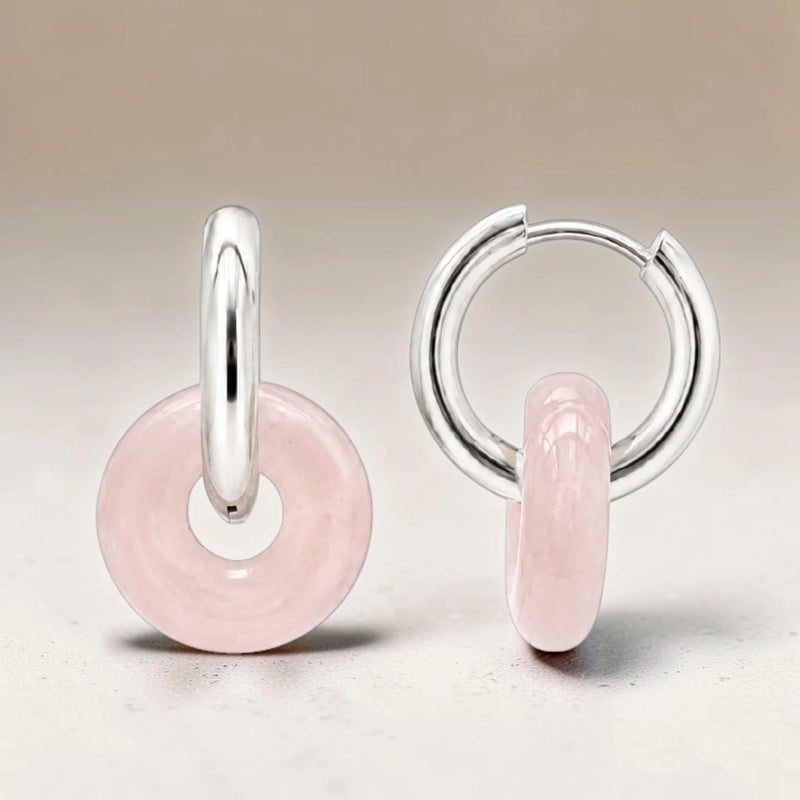 Boucles d'Oreilles Quartz Rose ANELIA® – donut 15 mm, créole argentée