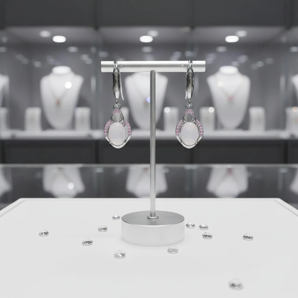 Boucles d'oreilles Mizar en quartz rose et argent 925 rhodié, présentées sur un support