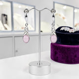 Boucles d'Oreilles Quartz Rose Ovale Pendantes en Argent Rhodié (Caph)