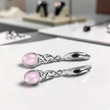 Boucles d'Oreilles Quartz Rose Ovale Pendantes en Argent Rhodié (Caph)