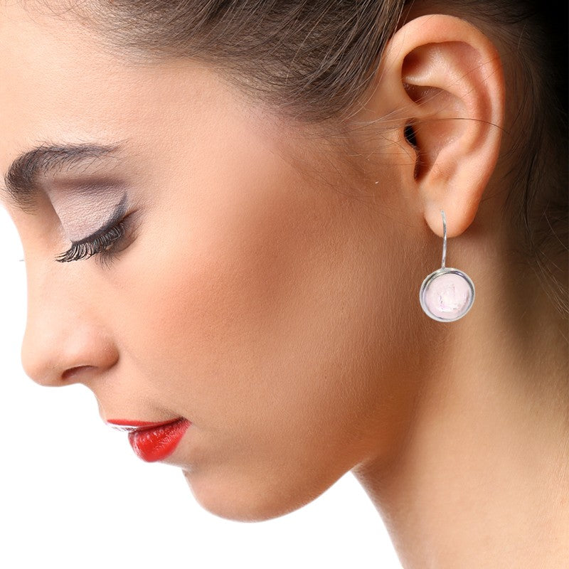 Boucles d'Oreilles Quartz Rose Ronde Pendantes en Argent Rhodié (Alphecca)
