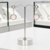 Boucles d'Oreilles Quartz Rose Ronde Pendantes en Argent Rhodié (Alphecca)