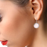Boucles d'Oreilles Quartz Rose Ronde Pendantes en Argent Rhodié (Alphecca)