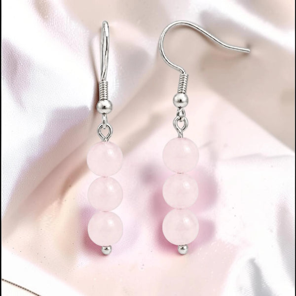 Boucles d'oreilles quartz rose en pierre naturelle, trois boules de 6 mm sur crochet acier argenté