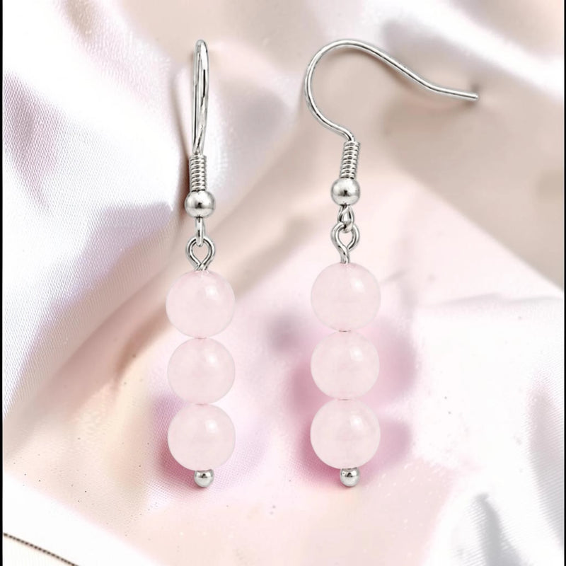 Boucles d'Oreilles Quartz Rose SPHERA® – 3 boules 6 mm, acier argenté