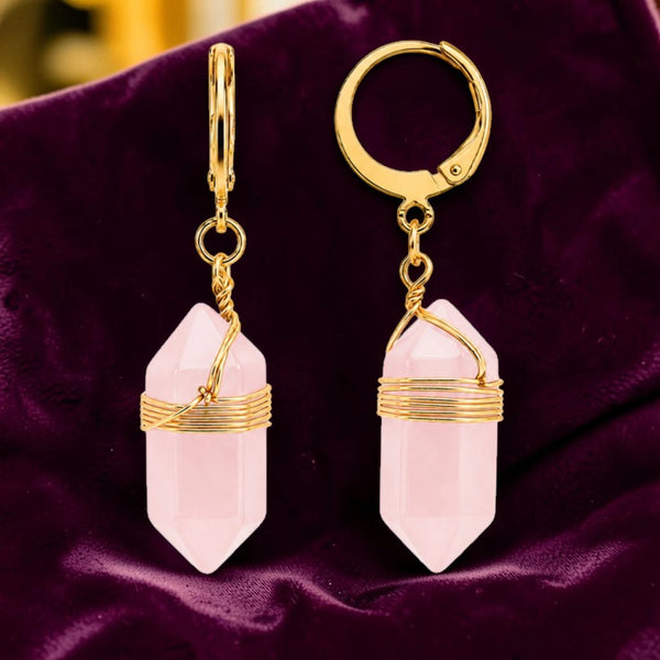 Boucles d'oreilles quartz rose en pierre naturelle, pointe de 20 mm sur créole dorée