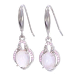 Boucles d'Oreilles Quartz Rose Ovale, Halo de Zircons en Argent 925 (Mizar)