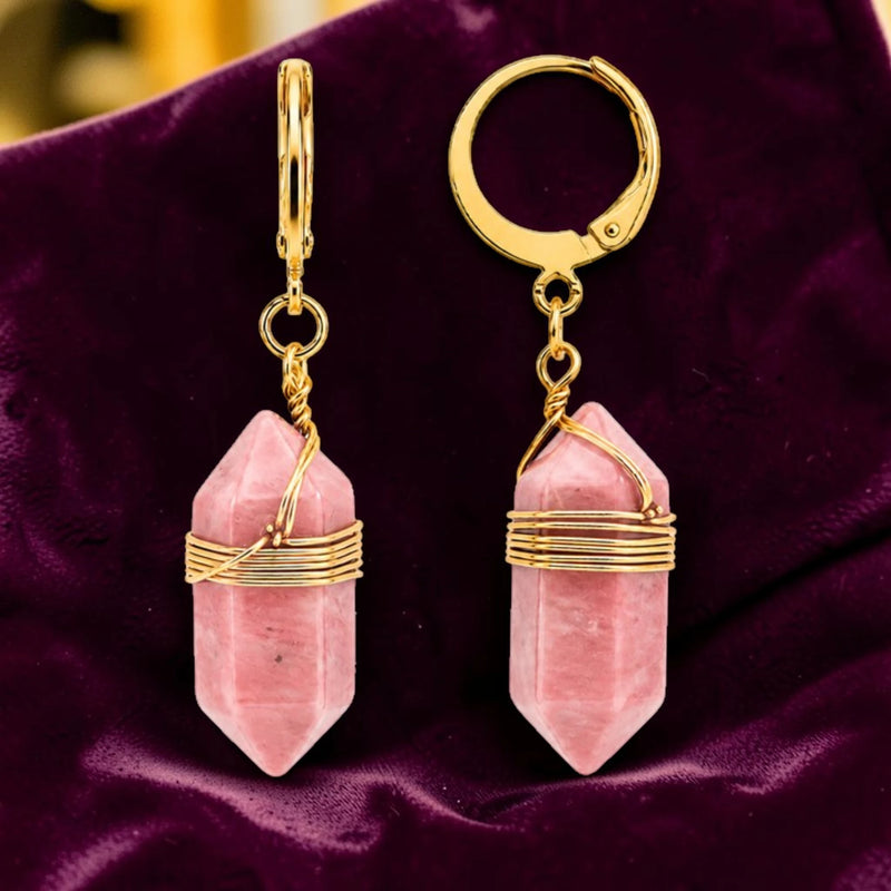 Boucles d'Oreilles Rhodonite OBELIA® – pointe 20 mm, créole dorée