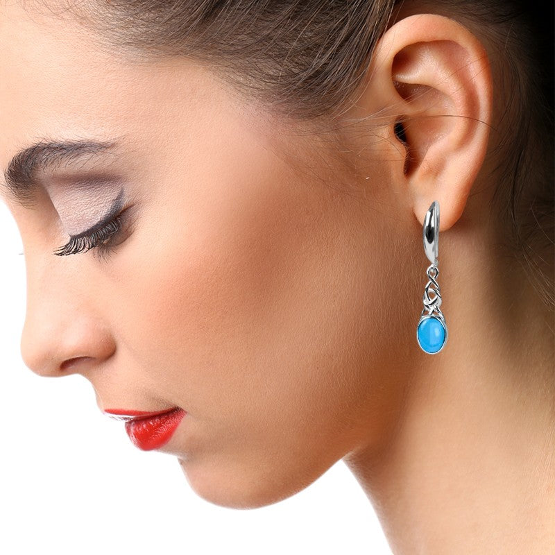 Boucles d'Oreilles Turquoise Ovale Pendantes en Argent Rhodié (Thuban)
