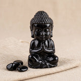 Statue Bouddha en Obsidienne Noire, Pierre Naturelle 11 cm