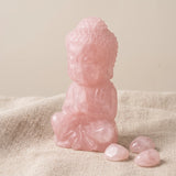 Statue Bouddha en Quartz Rose, Pierre Naturelle 15 cm