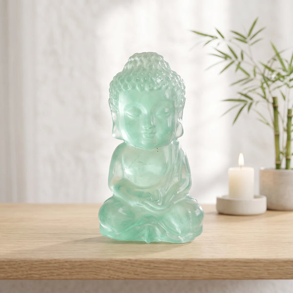 Bouddha zen vert en fluorite verte translucide posé sur une étagère en bois