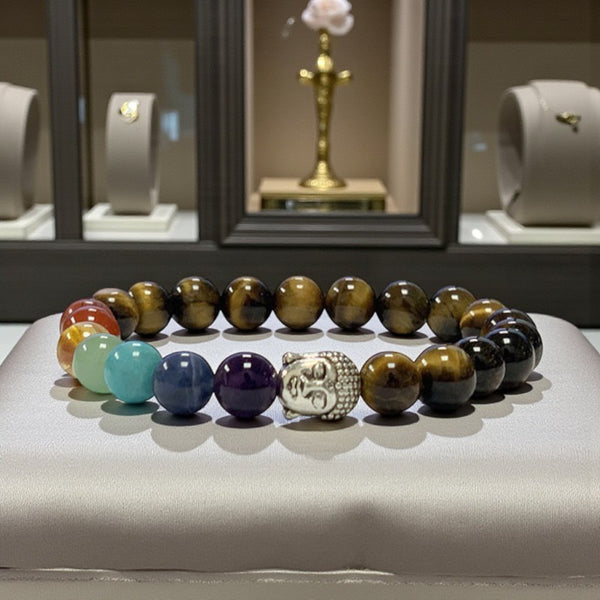 Bracelet 7 chakras en pierre naturelle 8 mm avec œil de tigre et perle Bouddha