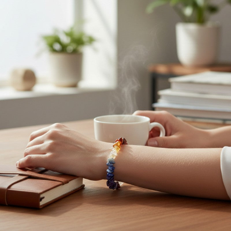 Bracelet 7 chakras en pierres baroques porté au poignet
