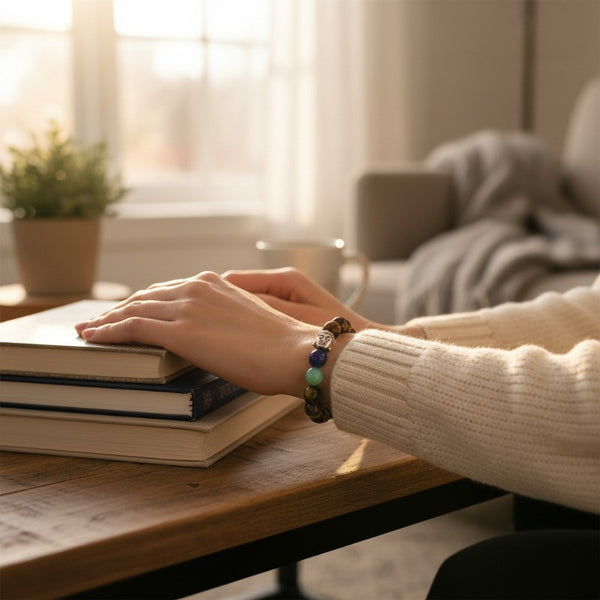Bracelet 7 chakras 8 mm avec œil de tigre et Bouddha porté au poignet