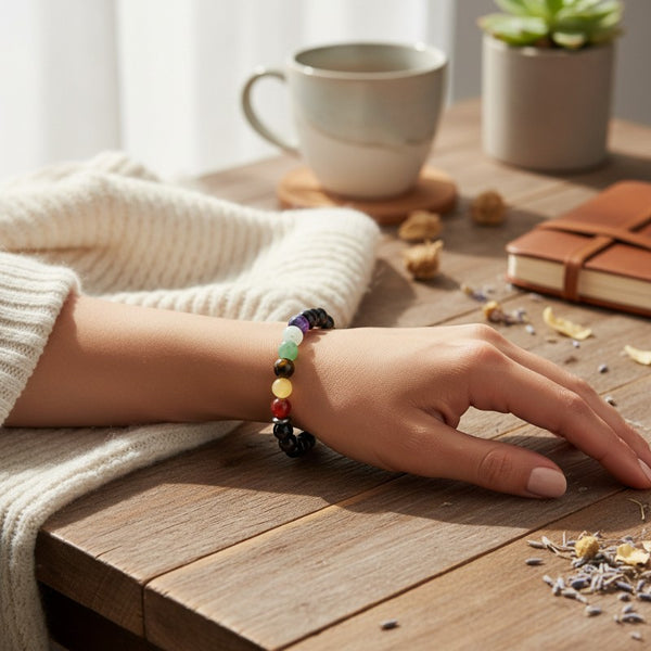 Bracelet 7 chakras en perles rondes 8 mm avec onyx noir porté au poignet