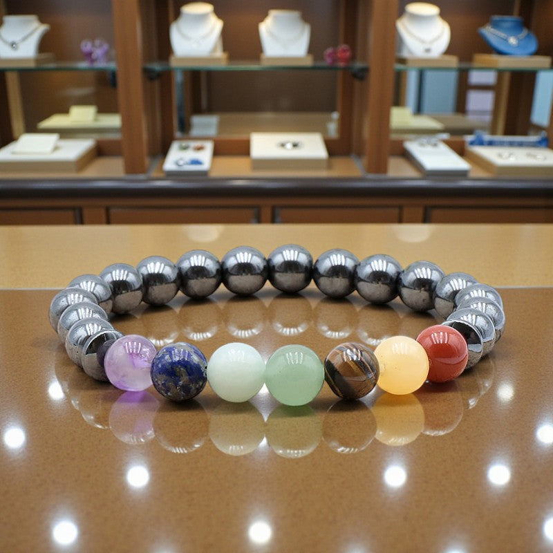 Bracelet 7 chakras en pierre naturelle avec perles boules 8 mm et hématite