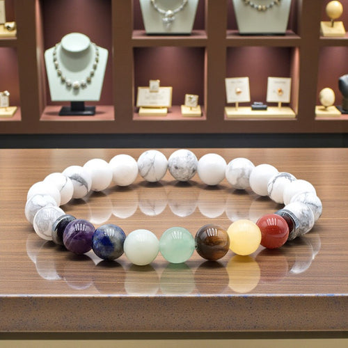 Bracelet 7 Chakras en pierre naturelle – perles boules 8 mm & Howlite blanche