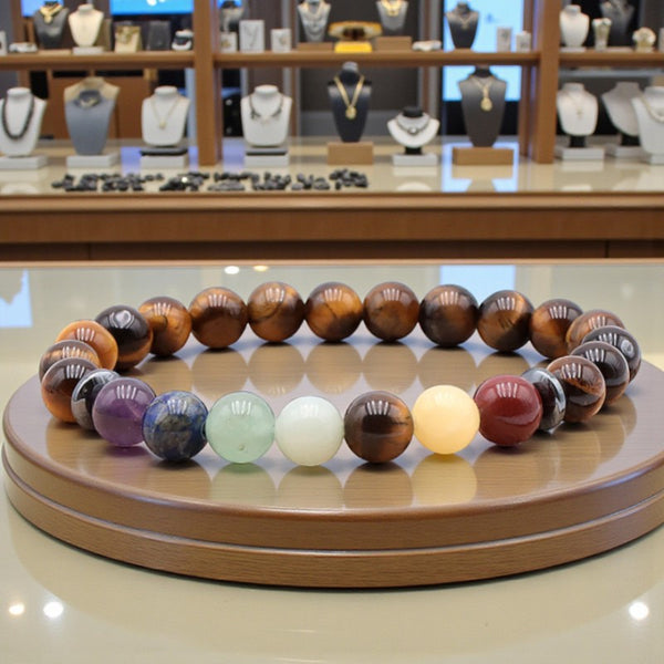 Bracelet 7 chakras en pierre naturelle avec perles boules 8 mm et œil de tigre