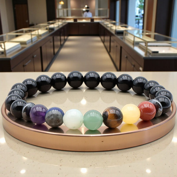 Bracelet 7 chakras en pierre naturelle avec perles boules 8 mm et onyx noir