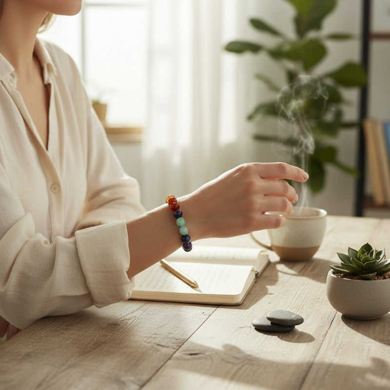 Bracelet 7 chakras en perles rondes 6 mm ou 8 mm porté au poignet