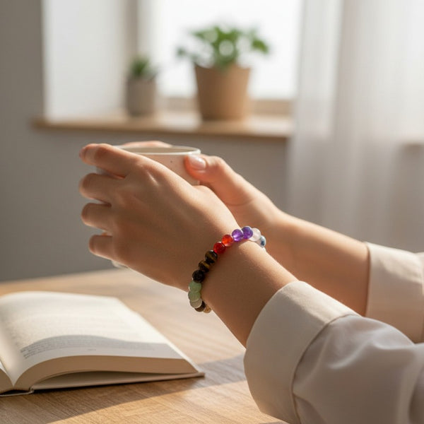Bracelet 7 chakras en perles rondes 8 mm porté au poignet