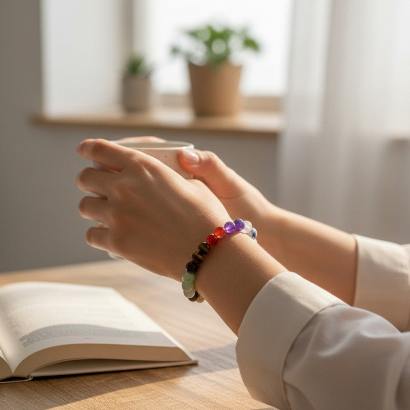 Bracelet 7 chakras en perles rondes 8 mm porté au poignet