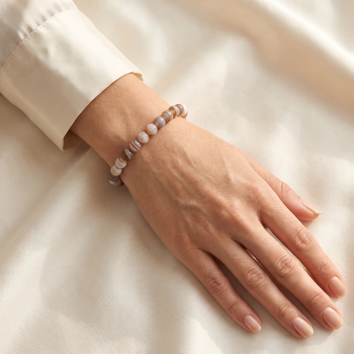 Bracelet agate du Botswana femme, perles fines de 6 mm grises et rosées, pierre naturelle à offrir