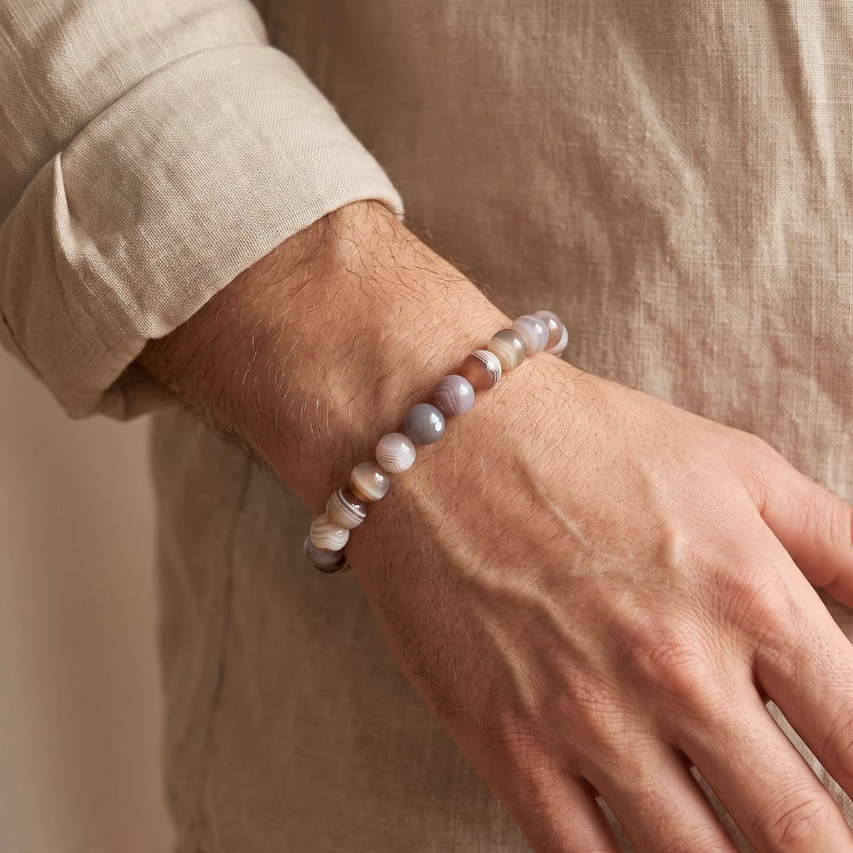 Bracelet agate du Botswana homme en perles de 8 mm, pierre naturelle grise rubanée, idée cadeau pour lui