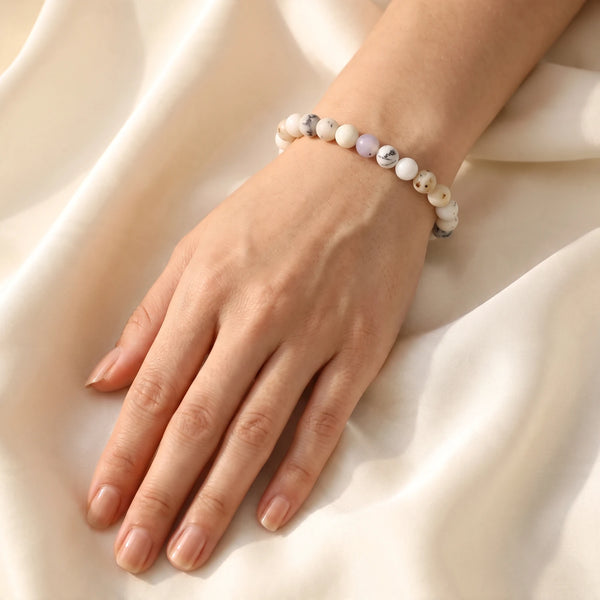 Bracelet agate dendrite femme, perles de 6 mm en pierre naturelle blanche, bijou fin et idée cadeau