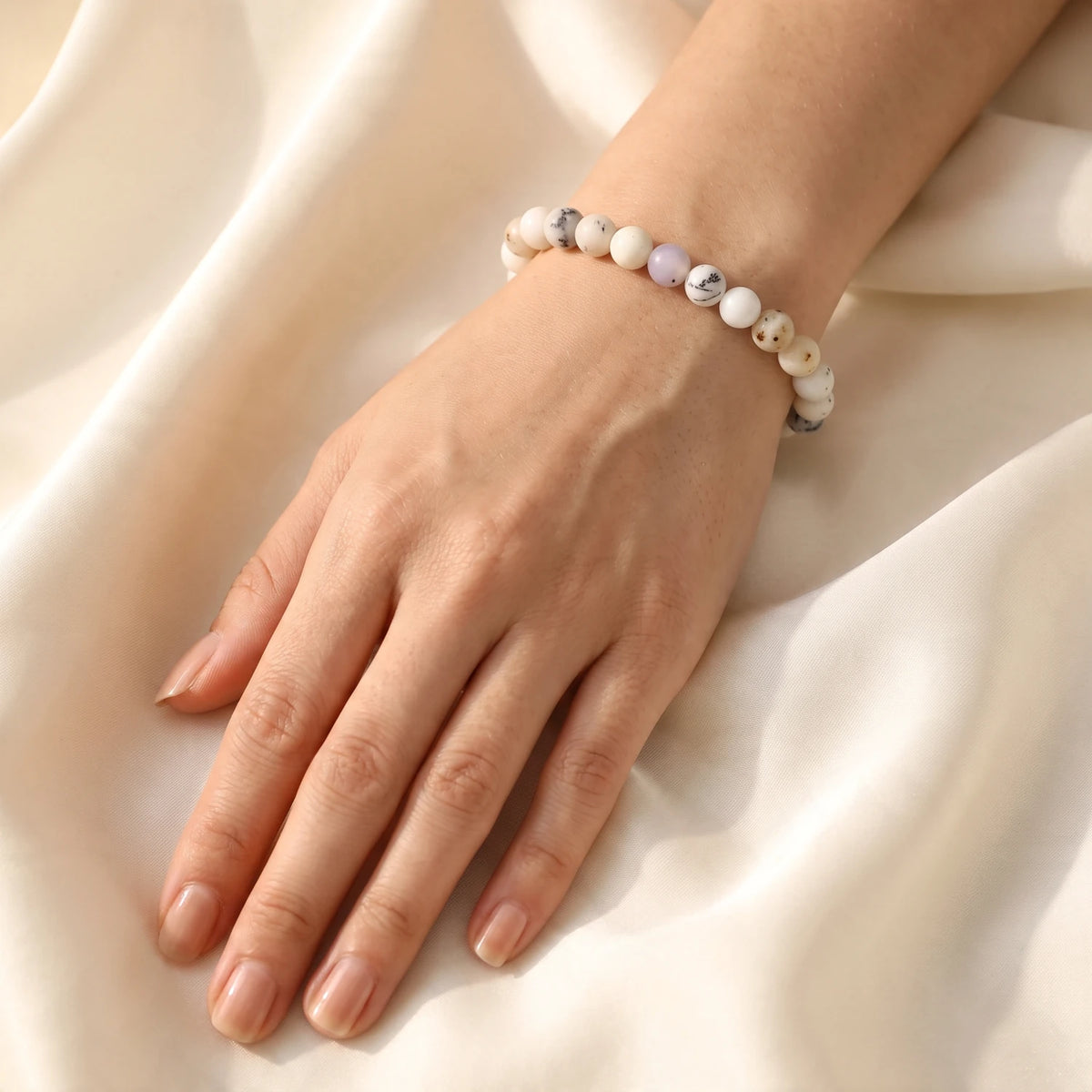 Bracelet agate dendrite femme, perles de 6 mm en pierre naturelle blanche, bijou fin et idée cadeau