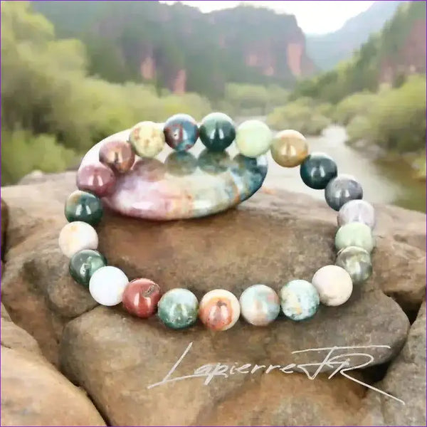 Bracelet pierre naturelle véritable Agate Indienne aux couleurs terreuses variées (vert/rose/brun), perles rondes pour lithothérapie, équilibre et sérénité.