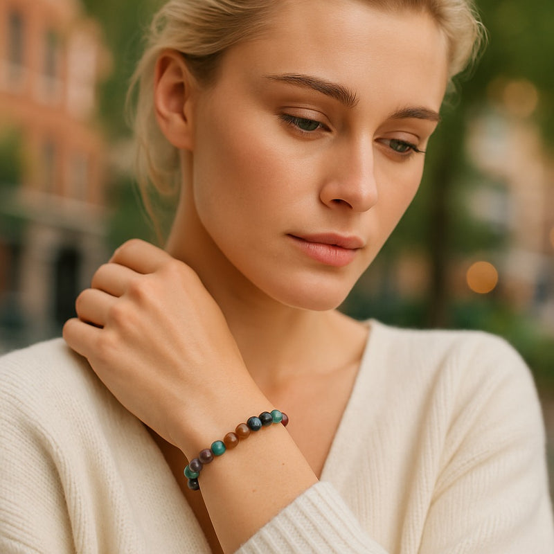 bracelet agate indienne femme perles 6/8 mm porté au poignet