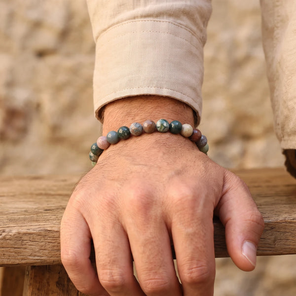 Bracelet agate indienne homme en perles de 8 mm vertes et rouille, pierre naturelle au poignet