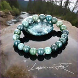 Bracelet pierre naturelle véritable Agate Mousse avec inclusions vertes dendritiques, perles rondes pour lithothérapie, équilibre et connexion nature.