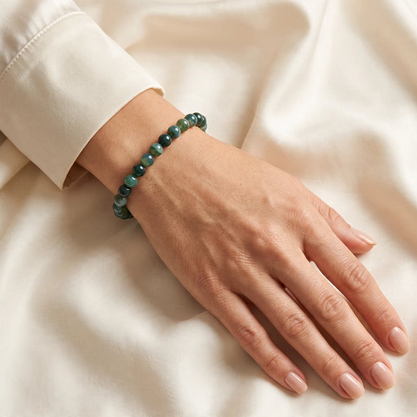 Bracelet agate mousse femme fin en perles de 6 mm, pierre naturelle verte au poignet