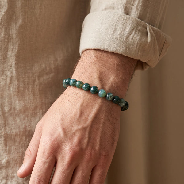 Bracelet agate mousse homme en perles de 8 mm, pierre verte naturelle, cadeau homme original