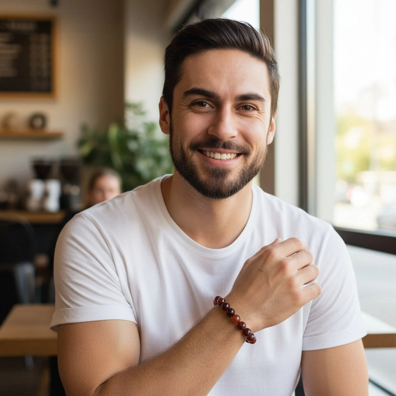 bracelet agate rubanée pour homme perles 8 mm porté au poignet