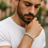 bracelet aigue-marine homme perles 8 mm porté au poignet