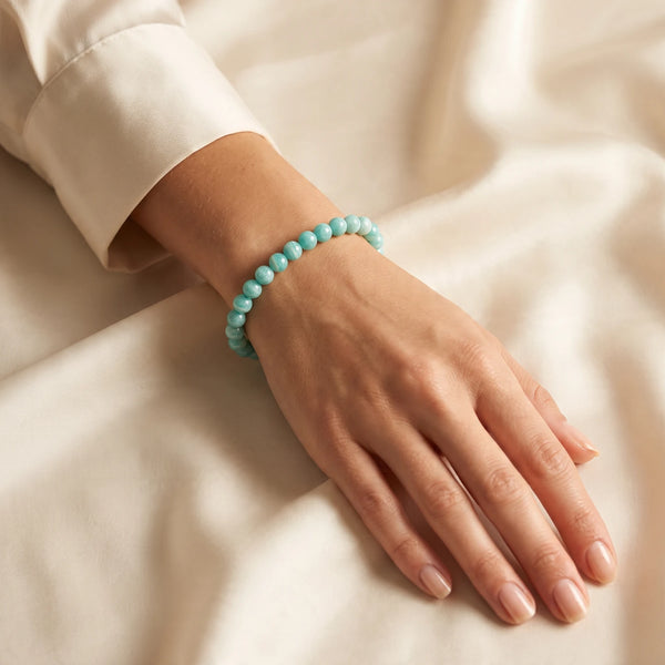 Bracelet amazonite femme en perles fines de 6 mm, pierre naturelle bleu turquoise portée au poignet, idée cadeau