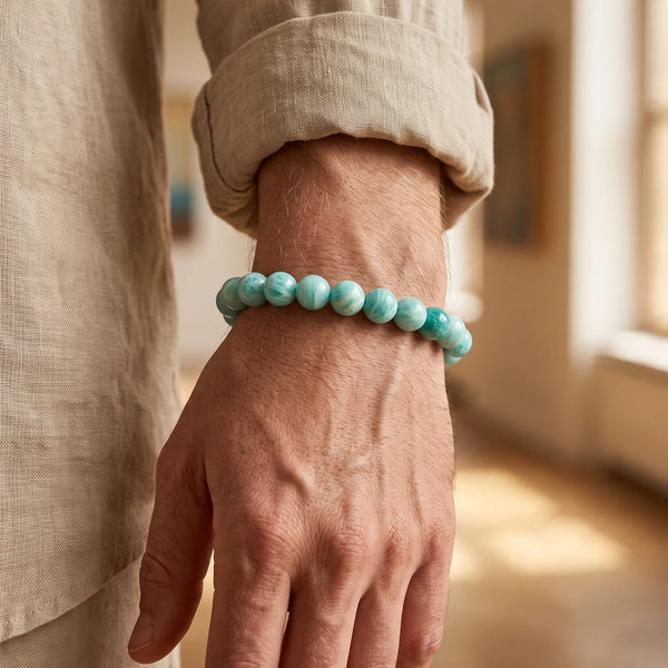 Bracelet amazonite homme en perles de 8 mm, pierre naturelle bleu vert au poignet, idée cadeau homme